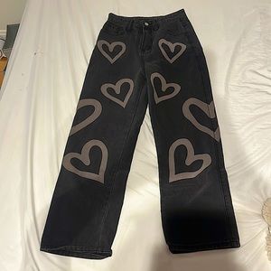 Heart Patterned High Waisted Wide Legged Jeans